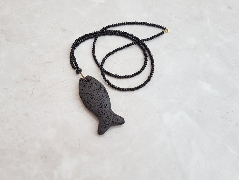 Unique Mala Fish Shape Lava Rock Stone Bohemian Mala Crystal Mala Necklace Boho Chic Mala Large Black Fish Shape Black Mala