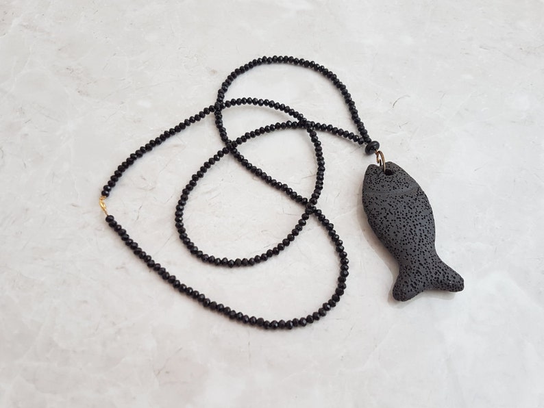 Unique Mala Fish Shape Lava Rock Stone Bohemian Mala Crystal Mala Necklace Boho Chic Mala Large Black Fish Shape Black Mala