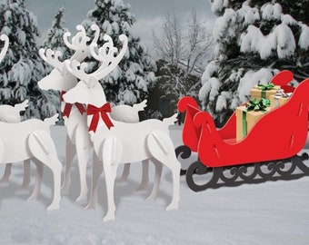 Medium White Sleigh with 8 Reindeer (All Heads Up)