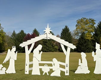 Complete Life-Size Outdoor White Nativity Scene With Stable