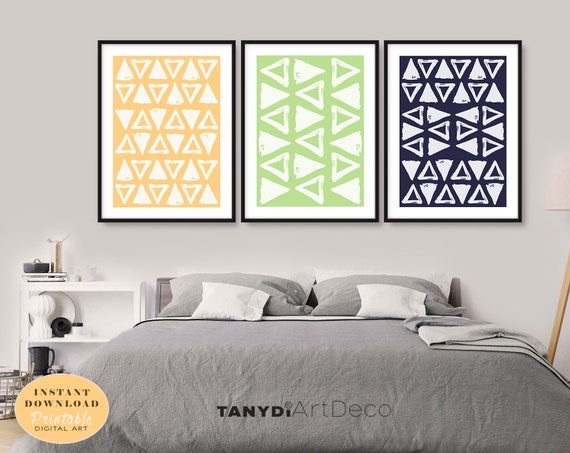 Triangles Pattern Art Design Set Of 3 Simple Drawings In Yellow Green And Blue Modern Boho Wall Art Kids Teen Room Set Of 3 Posters