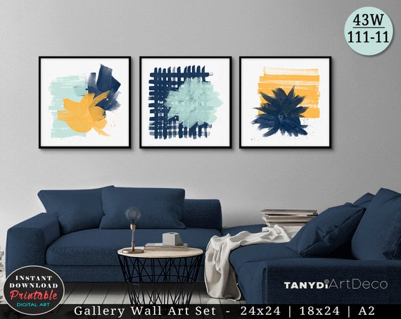 Set Of 3 Abstract Watercolor Paintings Mint Navy Blue Etsy