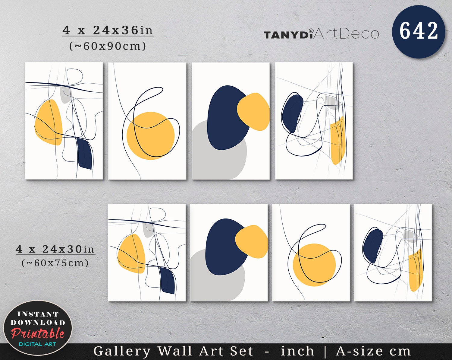 Mustard yellow and Navy blue Gallery Wall Art Set of 4 Etsy