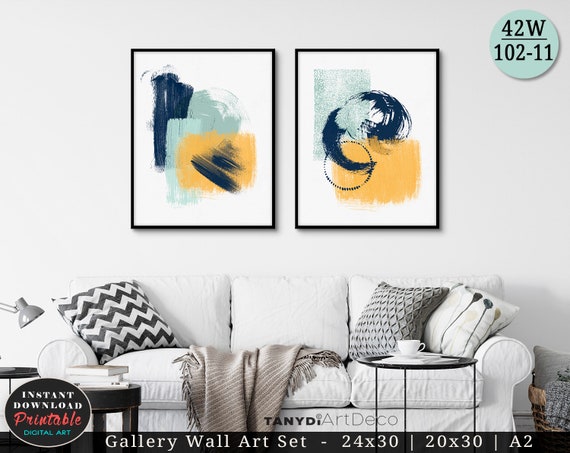 Mint Navy Mustard Yellow Brush Strokes 2 Trendy Posters Etsy