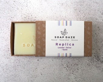 Replica  - earthy, floral, Kaolin clay , vegan, handmade, zero waste, bar soap. Boxed.