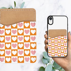 Cartera para teléfono con diseño de corazones a cuadros, Tarjetero de cuero PU adhesivo maravilloso de los años 70 y 80 para teléfono, Regalo personalizado, Bolsillo adhesivo, Tarjetero