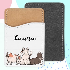 Carteira de telefone Kawaii Kitties - Porta-cartões de couro PU adesivo para telefone - Presente personalizado de gatos fofos - Vara no bolso - Caddy de cartão