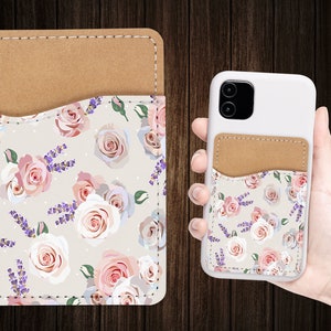 Crème telefoonportemonnee met bloemenpatroon - zelfklevende kaarthouder van pu-leer voor telefoon - gepersonaliseerd cadeau - zelfklevend - kaarthouder