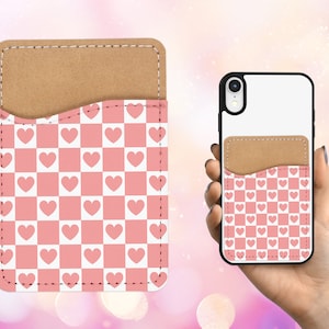 Karierte Herz Design Handytasche - 70er 80er Jahre Groovy PU-Leder Kartenhalter für Handy - Individuelles Geschenk - Aufklebetasche - Kartenhalter