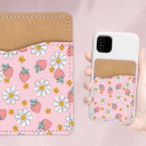 Leuke Strawberry Daisy Design telefoonportemonnee - zelfklevende PU lederen kaarthouder voor telefoon - gepersonaliseerd cadeau - plak op zak - kaartcaddy