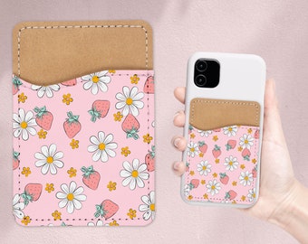 Cute Strawberry Daisy Design Phone Wallet - Adhesive PU Leather Card Holder For Phone - Custom Gift - Stick on Pocket - Card Caddy