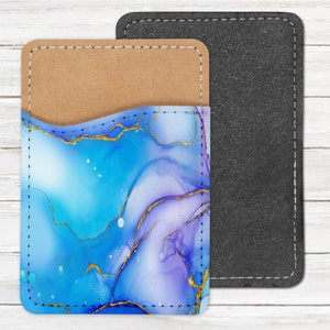 Blue Marbled Phone Wallet - Adhesive PU Leather Card Holder For Phone - Alcohol ink  - Custom Gift - Stick on Pocket - Card Caddy