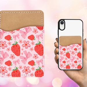 Cartera para teléfono con flores de fresa, tarjetero adhesivo de cuero PU para teléfono, regalo personalizado, adhesivo en el bolsillo, carrito para tarjetas