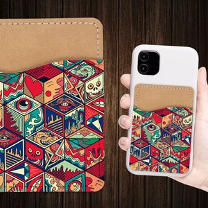 Geometrisch Abstracte Kunst Patroon Telefoon Portemonnee - Zelfklevende PU Lederen Kaarthouder Voor Telefoon - Aangepast Cadeau - Stick op Zak - Kaart Caddy