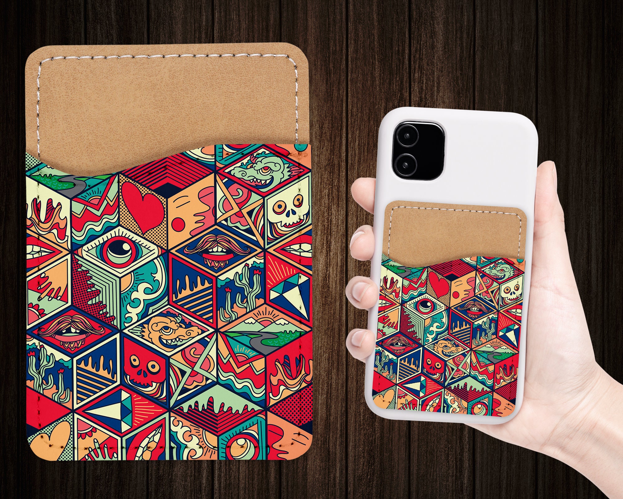 Geometrische abstrakte Kunst Muster Handytasche - Selbstklebende PU-Leder Kartenhalter für Handy - individuelles Geschenk - Klebetasche - Card Caddy