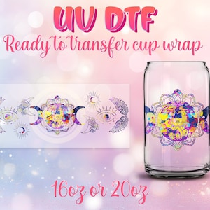 Envoltura de copa UV DTF - Listo para transferir Diseño esotérico psicodélico de mal de ojo DIY Impresiones de 16 oz y 20 oz - Lata de vidrio Libbey - Personalizable