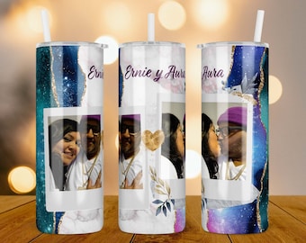 Photo Personalized 20 oz Skinny Tumbler - Marbled Design Customized Bottle - Custom Design Travel Mug - Gift