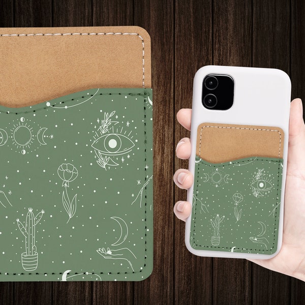 Green Esoteric Phone Wallet - Adhesive PU Leather Card Holder For Phone - Custom Gift - Stick on Pocket - Card Caddy