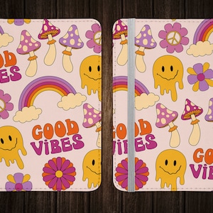 Retro Groovy Blumen Design Reisepass Hülle - 70er 80er PU Leder Portemonnaie Kartenetui - Personalisiertes Geschenk