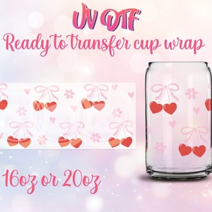 Envoltório de copo UV DTF - pronto para transferir lindo design de cerejas coquete DIY impressões de 16 onças e 20 onças - lata de vidro Libbey - personalizável