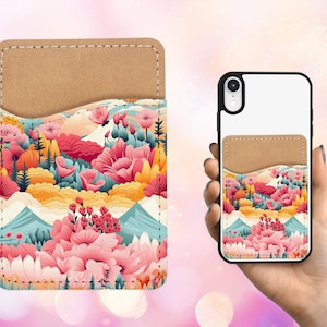 Mystic Floral Mountain-telefoonkaarthouder - roze gele natuur esthetische zelfklevende portemonnee voor telefoon
