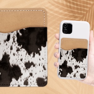 Fuzzy Cow Print Phone Wallet - Adhesivo PU Leather Card Holder Para Teléfono - Animal Print Custom Gift - Stick on Pocket - Card Caddy