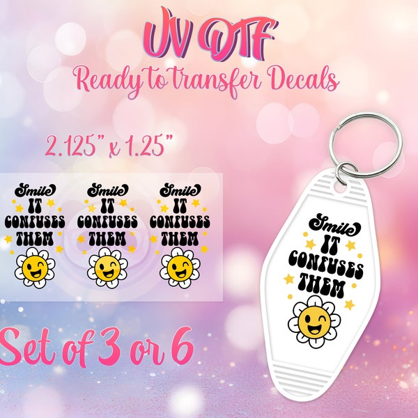 UV DTF Ready to Apply Keychain Transfers - Smile it Confuses Them Design Prints - DiY Retro Motel Keychain Decal - Customizable