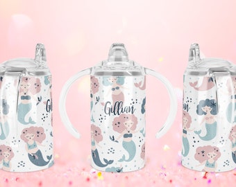 Vaso de taza Sippy personalizado de 12 oz - Linda botella de diseño de sirena - Taza de viaje para niños - Regalo personalizado
