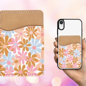 Portefeuille pour téléphone au design floral - Porte-cartes rétro adhésif en cuir PU années 70 et 80 pour téléphone - Cadeau personnalisé - Autocollant de poche - Porte-cartes