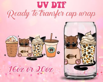 UV DTF Ready to Transfer Cup Wraps - Cats Latte Design - 16oz and 20oz Prints - Libbey Glass Can - Customizable