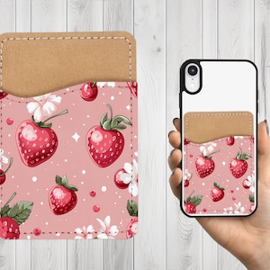 Cartera para teléfono de fresas - Tarjetero adhesivo de cuero PU para teléfono - Regalo personalizado - Stick on Pocket - Card Caddy