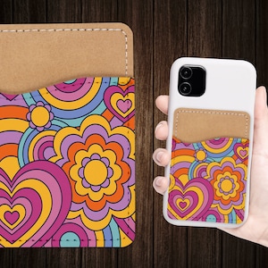 Retro Groovy Design telefoon portemonnee - jaren '70 80 zelfklevende PU lederen kaarthouder voor telefoon - aangepast cadeau - Stick on Pocket - Card Caddy