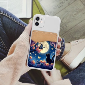 Cartera para teléfono Cat Under the Moon - Tarjetero adhesivo de cuero PU para teléfono - Regalo personalizado - Stick on Pocket - Card Caddy
