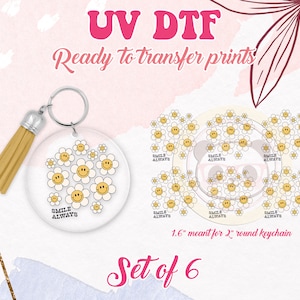 UV DTF Ready to Apply Keychain Transfers - Groovy Retro Daisy Design Prints - DiY Acrylic MDF keychain Decal - Customizable