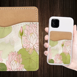 Lirio de agua patrón de flor teléfono cartera - adhesivo PU cuero titular de tarjeta para teléfono - Regalo personalizado - Stick en el bolsillo - Card Caddy