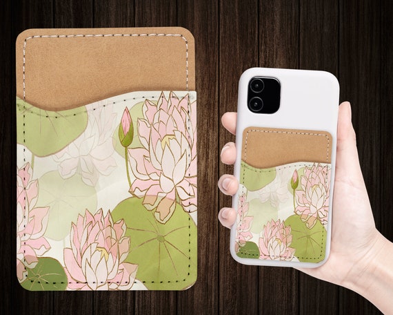 Water Lily Flower Pattern Phone Wallet Adhesive PU Leather Card