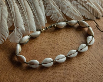 macrame cowry shell choker with brass beads