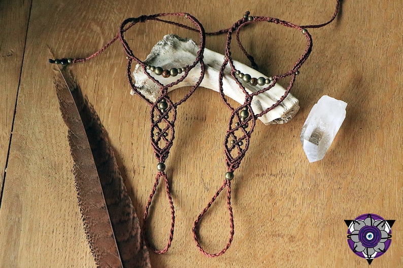 macrame tigerseye beads barefoot sandals with brass beads rusty red maroon