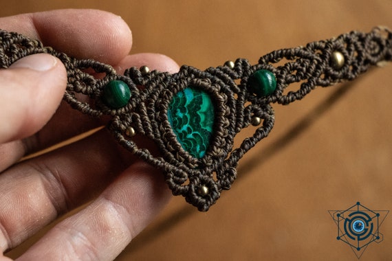 macrame malachite azurite choker necklace with malachite and brass beads / brown thread