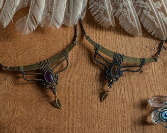 macrame brass and citrine / amethyst choker necklace