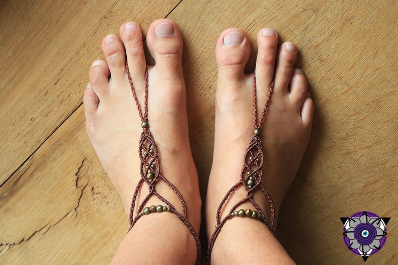 macrame tigerseye beads barefoot sandals with brass beads rusty red maroon