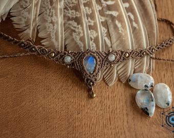 macrame rainbow moonstone choker necklace with matching moonstone and brass beads / brown thread