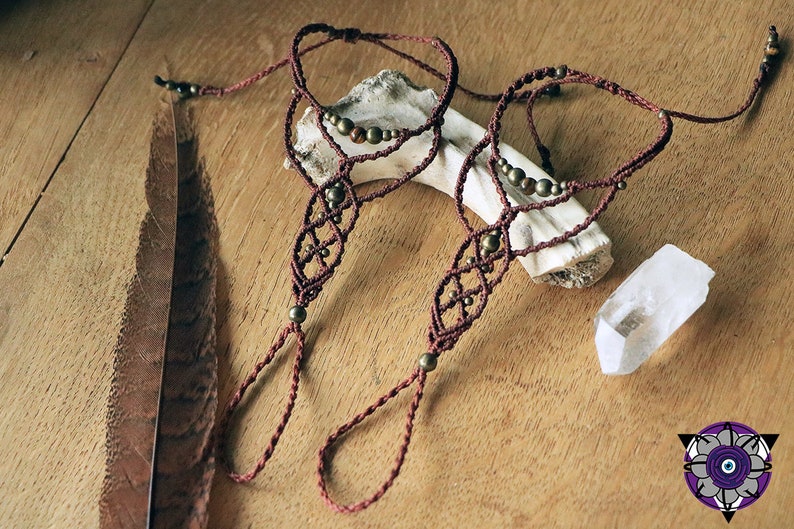macrame tigerseye beads barefoot sandals with brass beads rusty red maroon