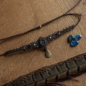 macrame kyanite mini choker with brass beads / dark brown