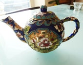 Miniature cloisonne teapot Collector. Chinese enamel and brass Souvenir. Vintage Oriental Home Decor.