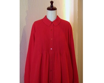 Bright True Red Poppy Red Cotton Crinkle Gauze shirt Pin tuck bib Pintuck blouse Top Relax fit US 8 - US 9 Large COCOdake COuture Japan