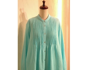 Aqua Blue Cotton Crinkle Gauze shirt Pin tuck bib Pintuck blouse Top Relax fit US 8 - US 9 Large COCOdake COuture Japan