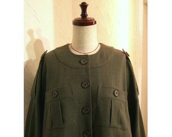 Army Green Khaki Drop shoulder Balloon sleeves Oversized shirt dress coat Jacket Boxy Buttons Pockets US 8 - US 9 Large COCOdake COuture