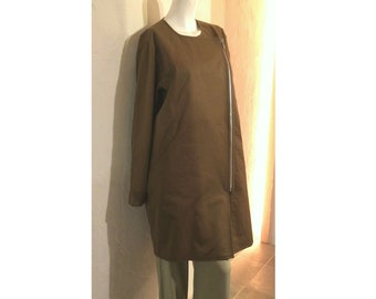 Khaki Brown Italian Cotton Double Breasted Zip Up Long Jacket Riders Moto Relax fit Boxy Look Thinner US 8 - US 9 Large COCOdake COuture