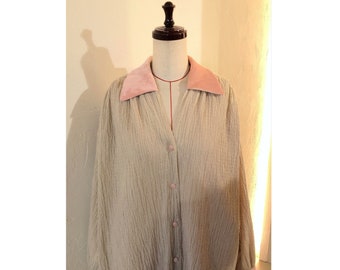 Cotton Sand Beige and Pink Silk Velvet Contrast Color Block V-neck Point collar Gathered Blouse Oversized US 8 - US 9 Large COCOdake COuture